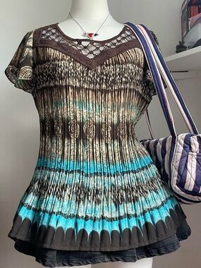 Vintage Brown bluses Tunic with Teal and Cream Pattern & Crochet Yoke